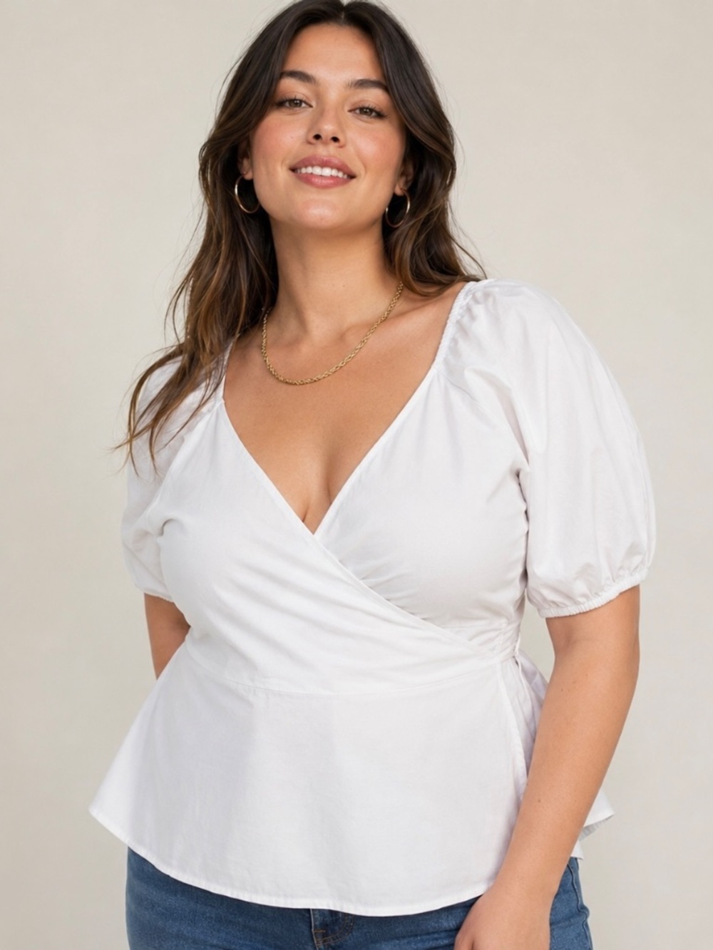 Old Navy White Cotton Wrap Peplum Blouse Puff Sleeve Tie Back Medium